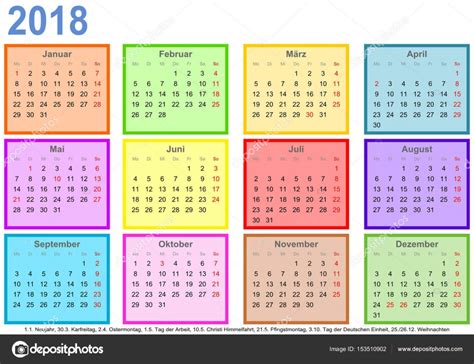 Calendario 2018 cada mes diferentes colores cuadrado Ger ...