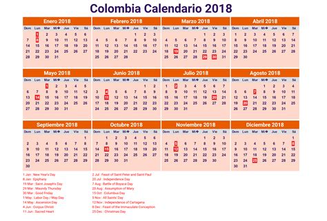 Calendario 2018 Colombia con feriados para imprimir ...