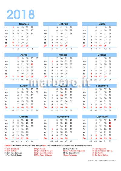 Calendario 2018 italiano con le festività  giorni festivi