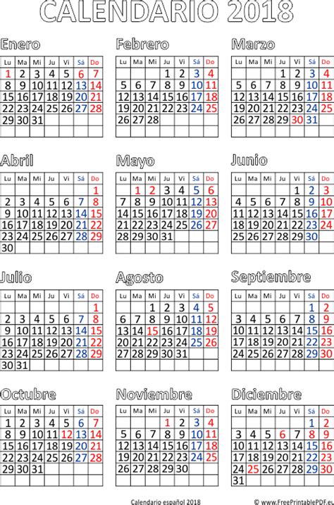 Calendario 2018 para imprimir España | Imprimir el PDF Gratis