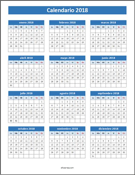 Calendario 2018 para imprimir y editar: descarga formatos ...