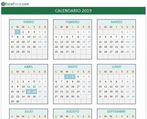 Calendario 2019 en excel para imprimir   Excelfreak