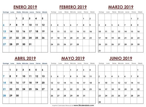 Calendario 2019 imprimible con Días Festivos | Enero a ...
