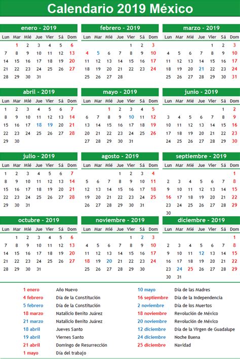 Calendario 2019 México   Festivos Mexico