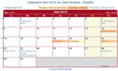 Calendario Abril 2019 para imprimir   España