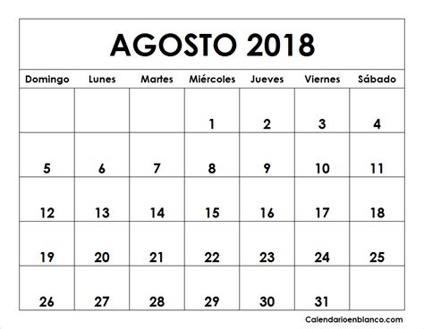 Calendario Agosto 2018 Para imprimir | CALENDARIO ...