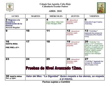 Calendario Año Escolar 2017 – 2018 | Colegio San Agustín ...