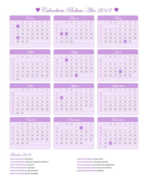 Calendario Bolivia Año 2018 | Feriados