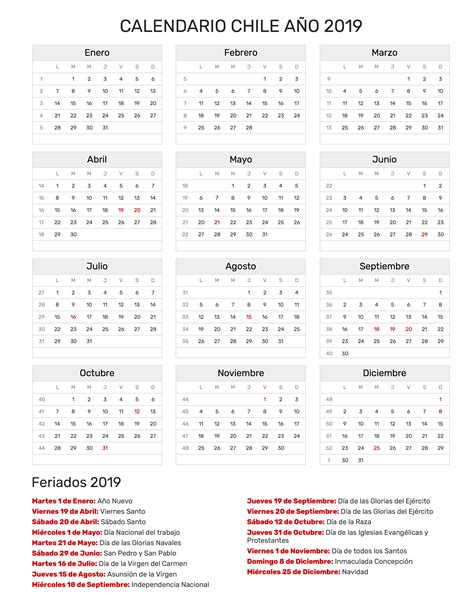 Calendario Chile año 2019 | Feriados