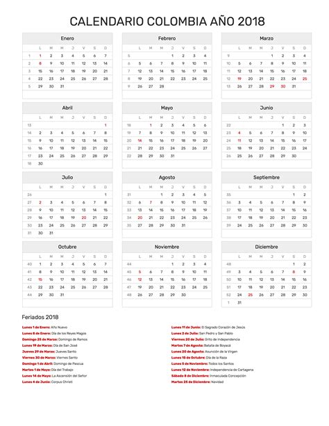 Calendario Colombia Año 2018 | Feriados