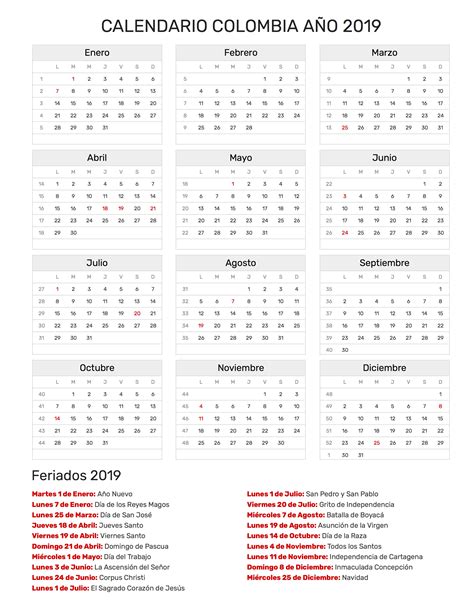 Calendario Colombia Año 2019 | Feriados