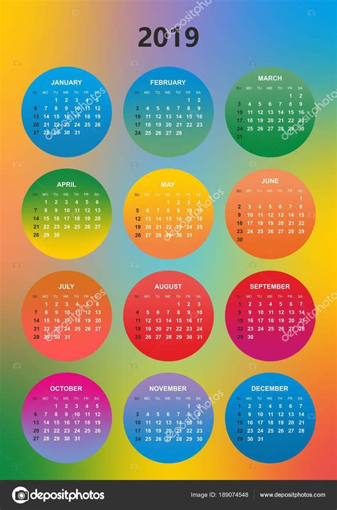 Calendario Color Simple Para Año 2019 Los Nombres Días ...