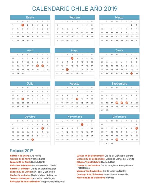 Calendario de Chile con feriados nacionales año 2019 ...