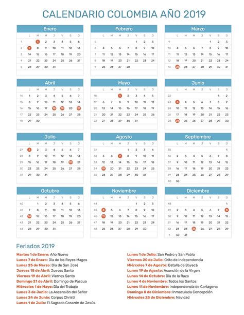 Calendario de Colombia con feriados nacionales año 2019 ...