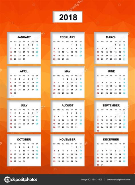 Calendario de color simple para el año 2018. Los nombres ...