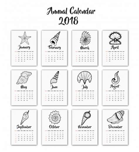 Calendario de conchas blanco y negro dibujado a mano 2018 ...