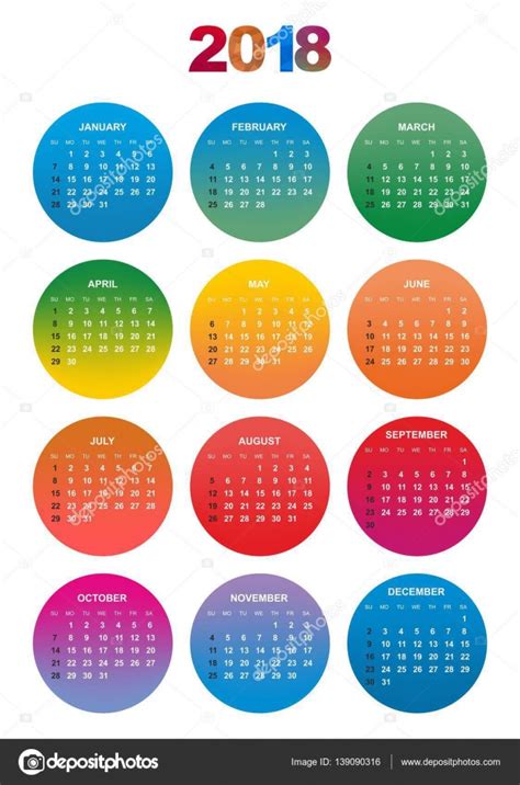 Calendário de cor simples para o ano de 2018. Os nomes dos ...