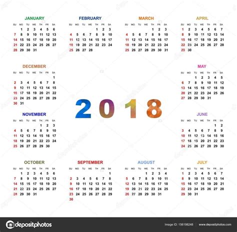 Calendário de cor simples para o ano de 2018. Os nomes dos ...