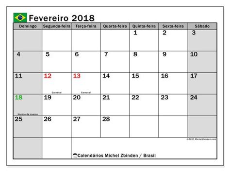 Calendário de fevereiro de 2018, Brasil | Calendários ...