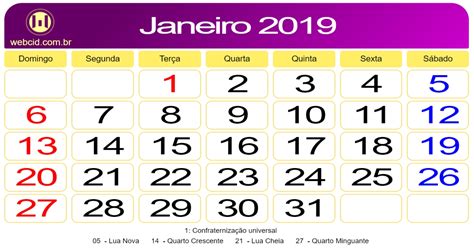 Calendário de Janeiro de 2019. | webcid