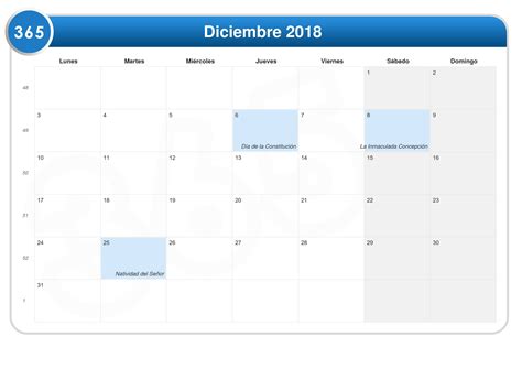 Calendario Diciembre 2018 para imprimir [PDF, Excel, Word ...