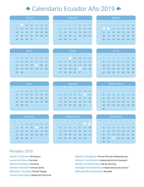 Calendario Ecuador Año 2019 | Feriados
