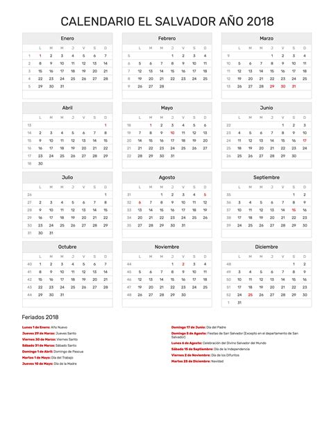 Calendario El Salvador Año 2018 | Feriados