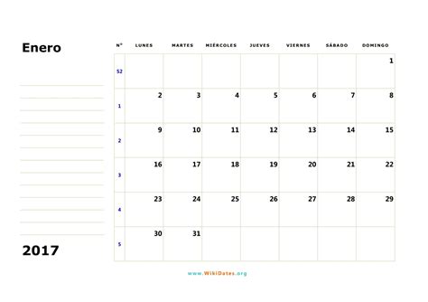 Calendario Enero 2017 | WikiDates.org