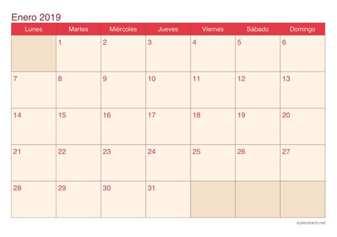 Calendario enero 2019 para imprimir   iCalendario.net