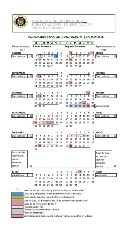 Calendario escolar de Puerto Rico para el año 2017 2018 ...