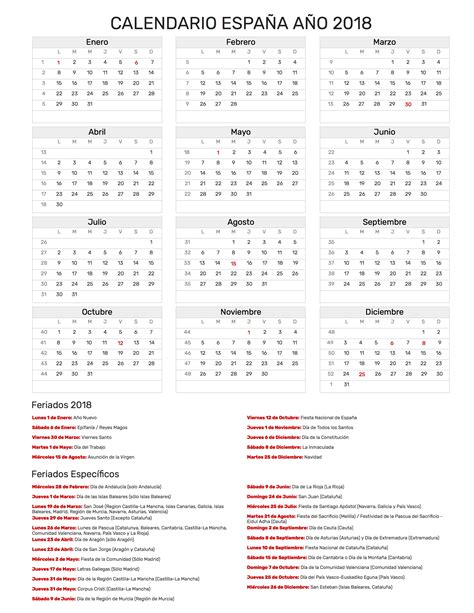 Calendario España Año 2018 | Feriados