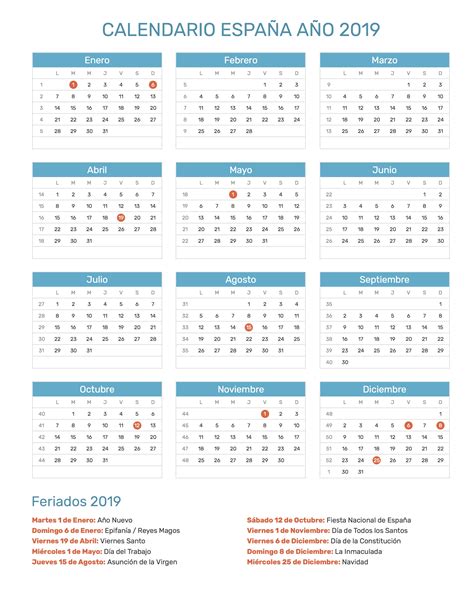 Calendario España Año 2019 | Feriados