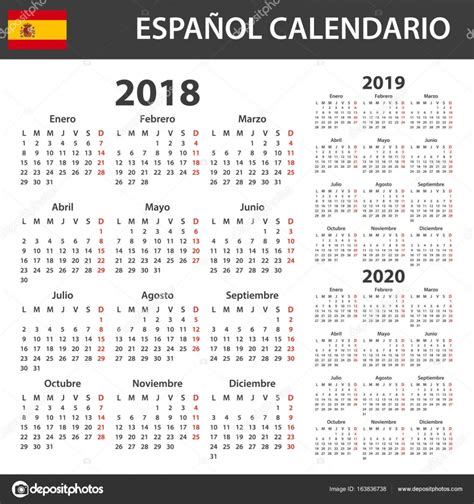 Calendario español para 2018, 2019 y 2020. Plantilla de ...