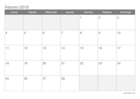 Calendario febrero 2019 para imprimir   iCalendario.net