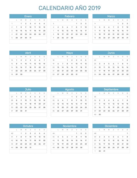 Calendario general del año 2019. Incluye versión para ...