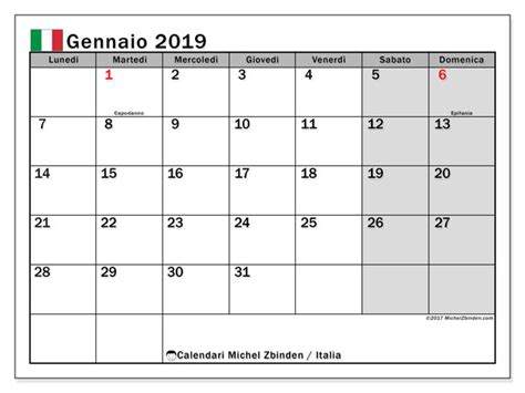 Calendario gennaio 2019, Italia