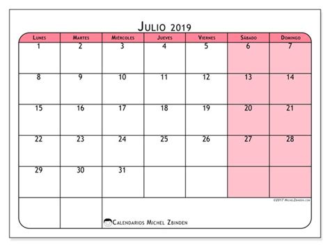 Calendario julio 2019  64LD