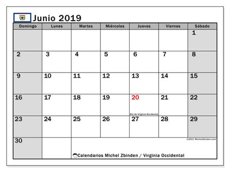 Calendario junio 2019, Virginia Occidental