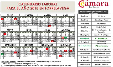 CALENDARIO LABORAL 2018 | Cámara de Comercio de Torrelavega