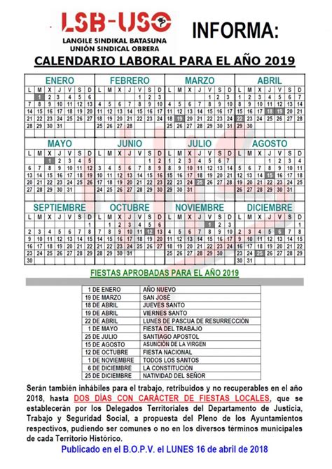 Calendario Laboral 2019   LSB USO