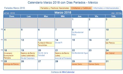 Calendario Marzo 2018 para imprimir   México