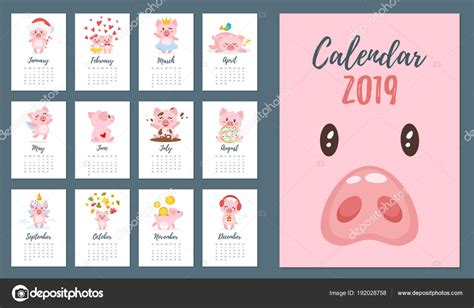 calendário mensal do ano 2019 porco — Vetores de Stock ...