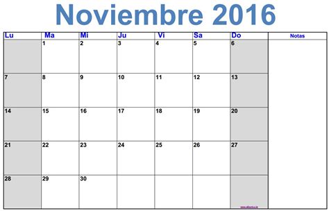 Calendario Mensual noviembre 2016 para imprimir gratis ...