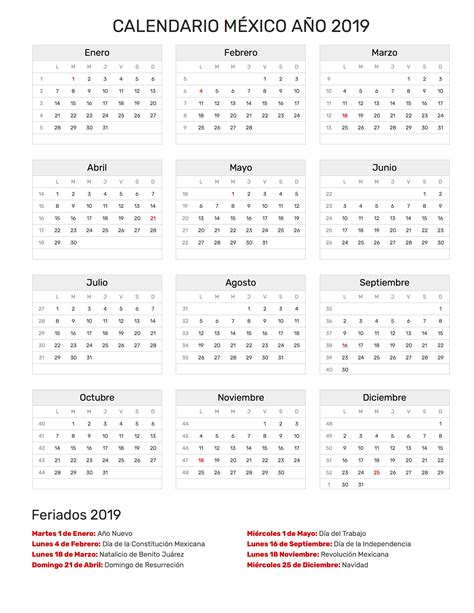 Calendario México Año 2019 | Feriados