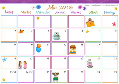 Calendario Multicolor   Julio 2018   Calendario Multicolor ...