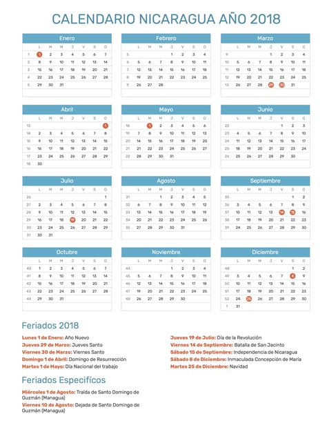 Calendario Nicaragua Año 2018 | Feriados