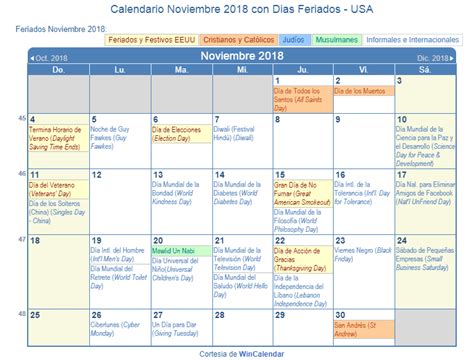 Calendario Noviembre 2018 para imprimir   Estados Unidos