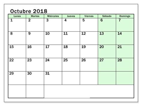 Calendario Octubre 2018 para imprimir [PDF, Excel, Word ...