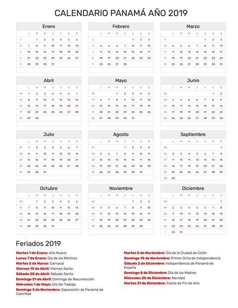 Calendario Panamá Año 2019 | Feriados