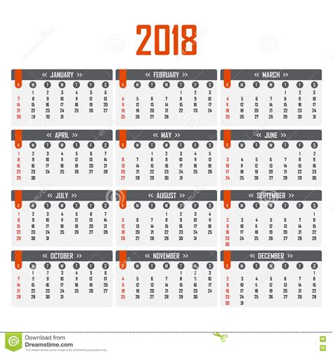 Calendário Para 2018 Começos Da Semana Em Domingo ...